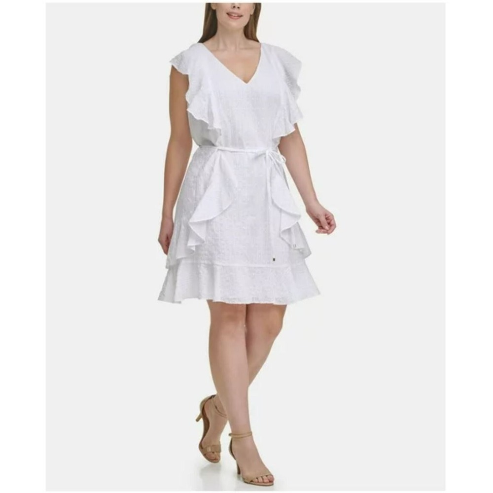 Tommy Hilfiger Womens White Ruffle Belted Fit & Flare Dress X0SA1BV1 22W